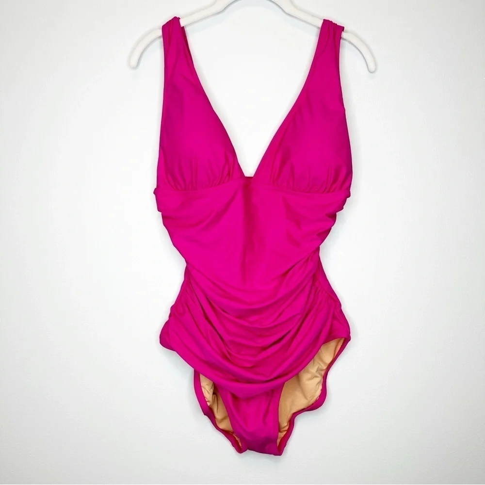 J. Crew New Radiant Fuchsia V-Neck UPF 50 Ruched One Piece Swimsuit